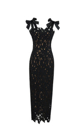 hermosa Bow Strap Embroidered Lace Maxi Dress in black