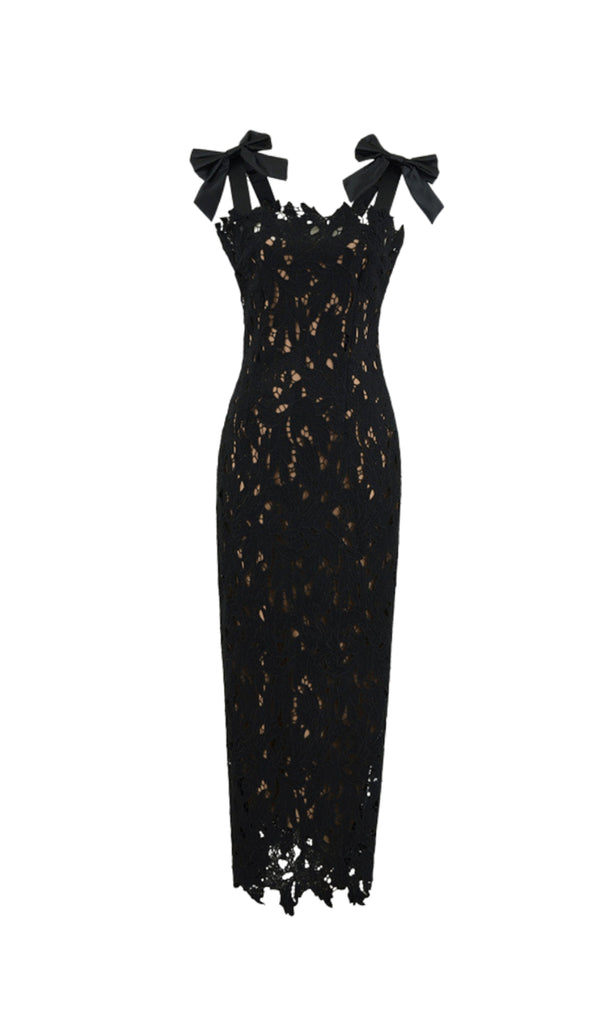 hermosa Bow Strap Embroidered Lace Maxi Dress in black