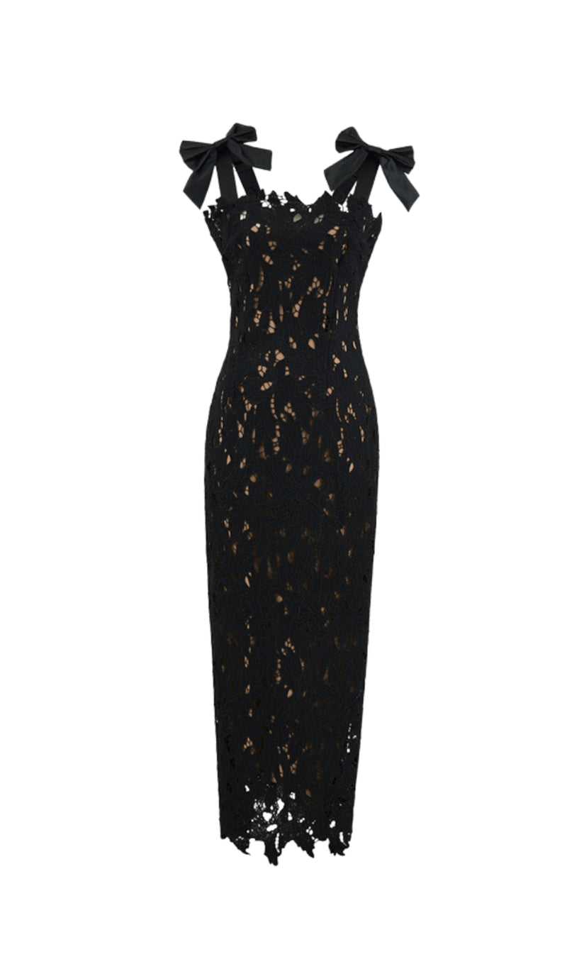 hermosa Bow Strap Embroidered Lace Maxi Dress in black