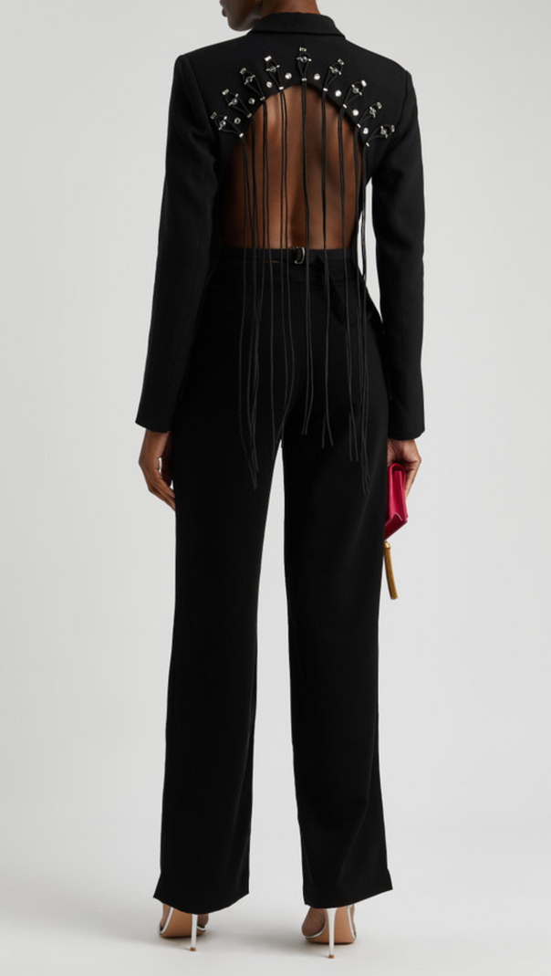 AIIZIE VIENNA HOLLOW FRINGE BACKLESS BLAZER IN BLACK - product image