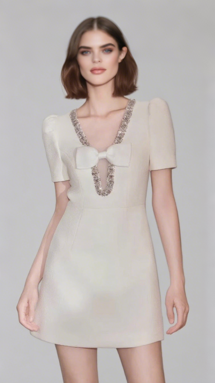 V-neck diamond chain bow mini dress in ivory