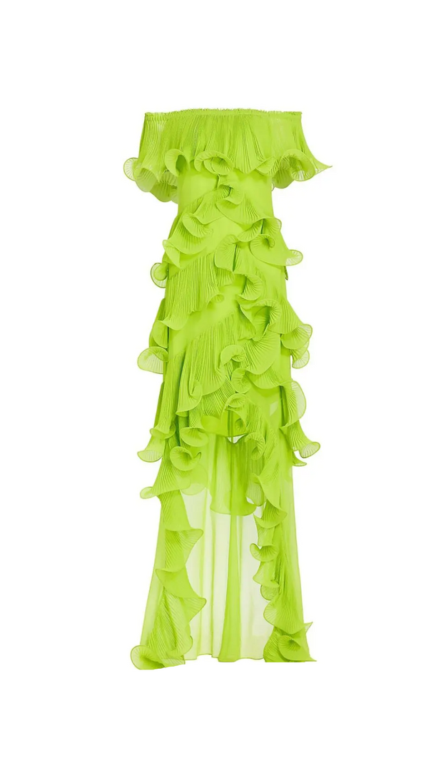AIIZIE DORA GREEN OFF-SHOULDER PLEATED ORGANZA MAXI DRESS - product image