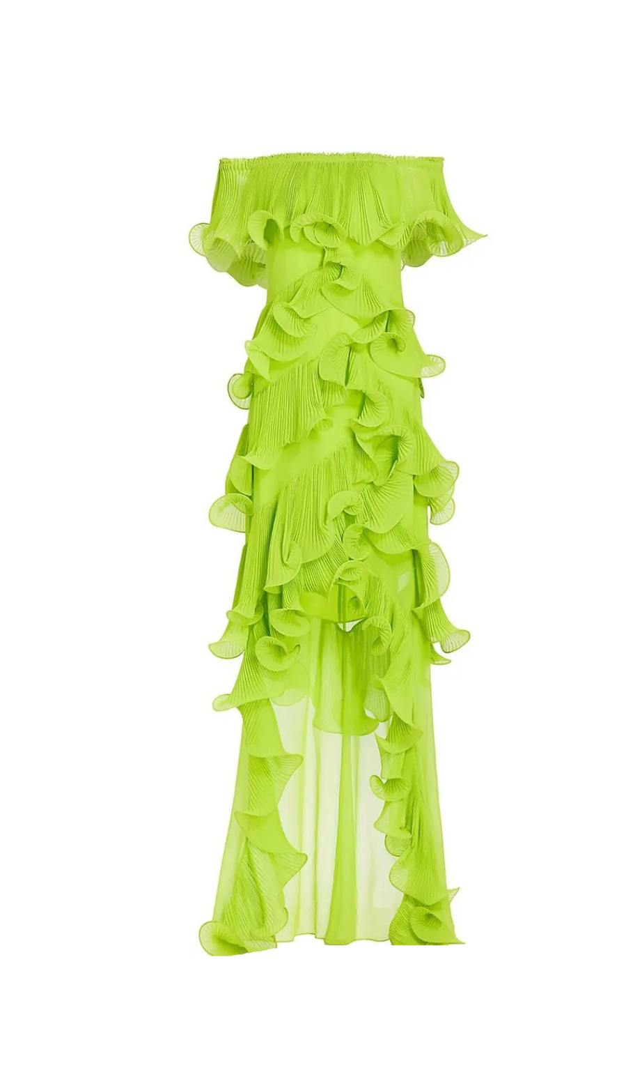 DORA GRÜNES OFF-SHOULDER PLISSIERTES ORGANZA-MAXIKLEID