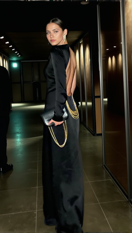 ANGELOU BLACK BACKLESS CHAIN MAXI DRESS