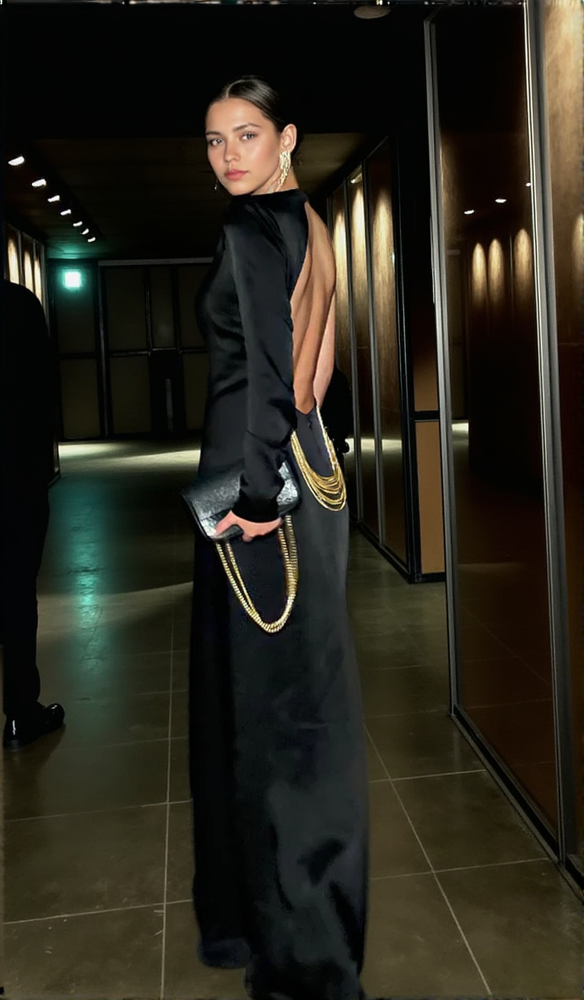 ANGELOU BLACK BACKLESS CHAIN MAXI DRESS