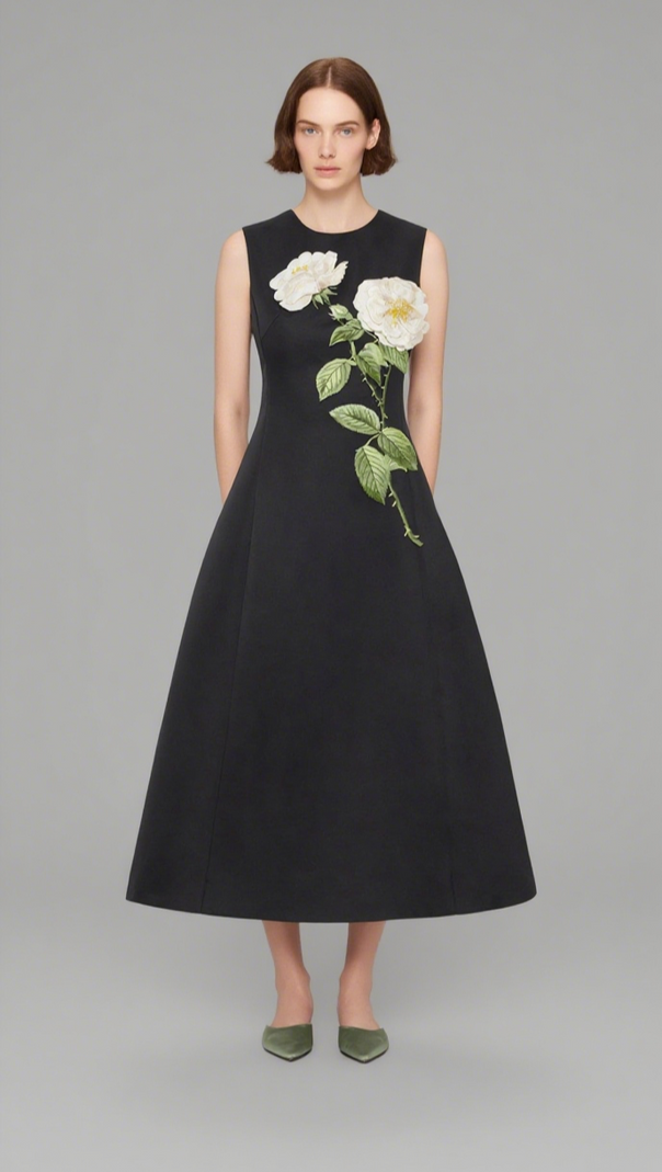 AIIZIE KATE FLORAL PRINT EMBELLISHED SLEEVELESS MIDI DRESS IN BLACK - product image