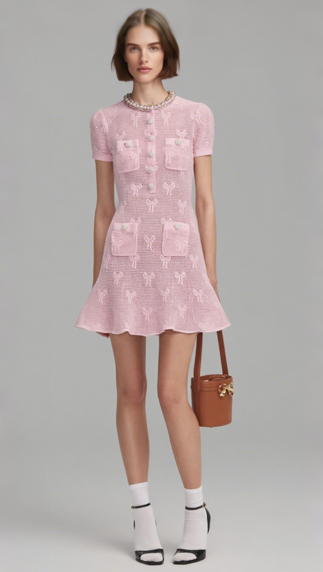 PINK BOW CROCHET CRYSTAL TRIM MINI DRESS