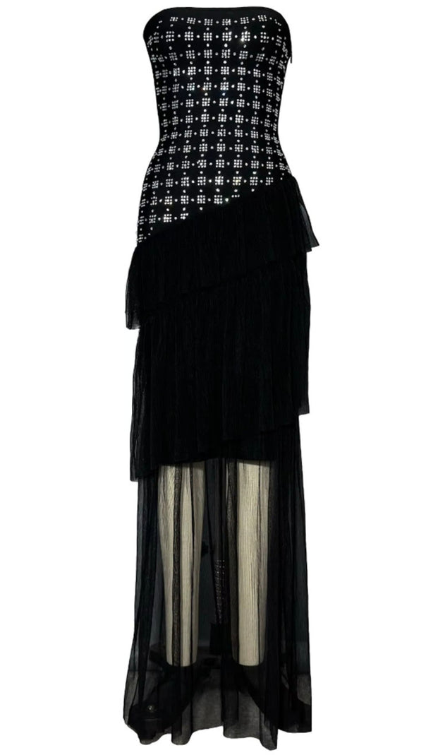 AIIZIE STRAPLESS CRYSTAL RUFFLE MAXI DRESS BLACK - product image