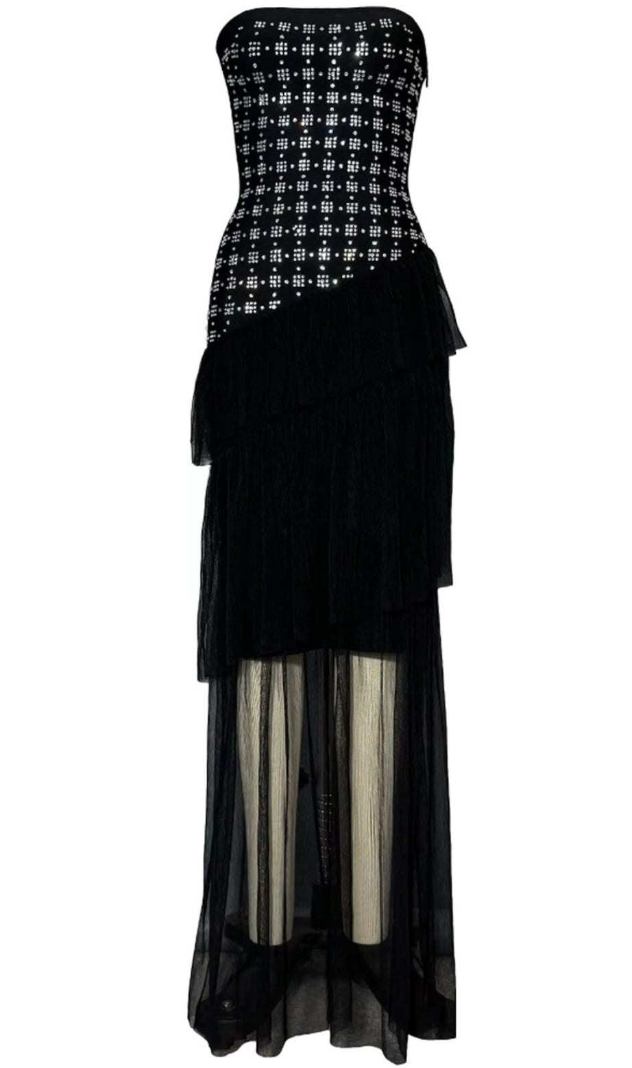 Strapless Crystal Ruffle Maxi Dress Black
