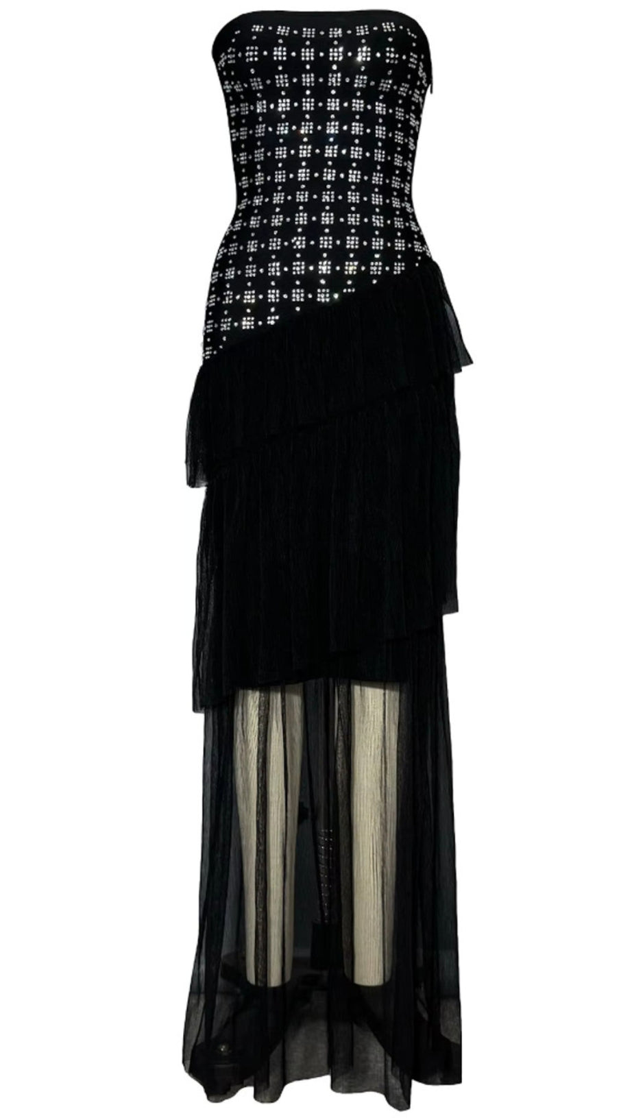 ABITO LUNGO SENZA SPALLINE CON VOLANT DI CRISTALLI NERO