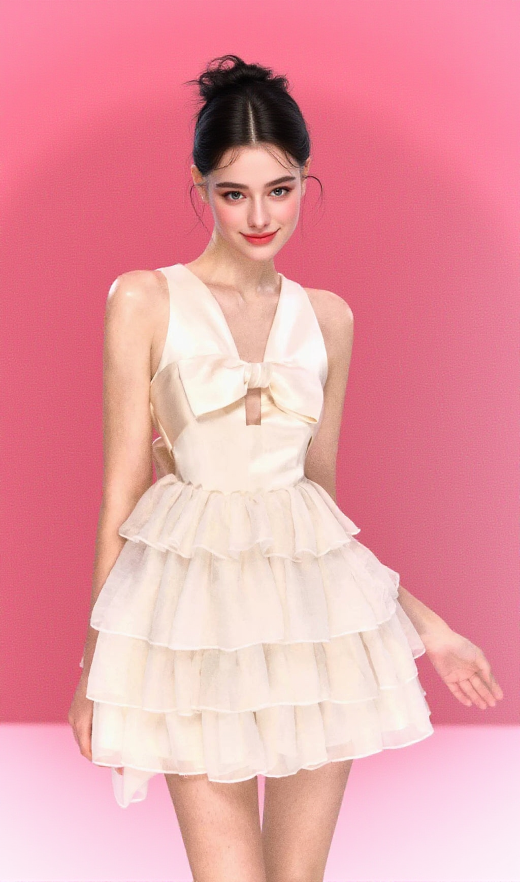 Beige Bow Tiered Mini Dress
