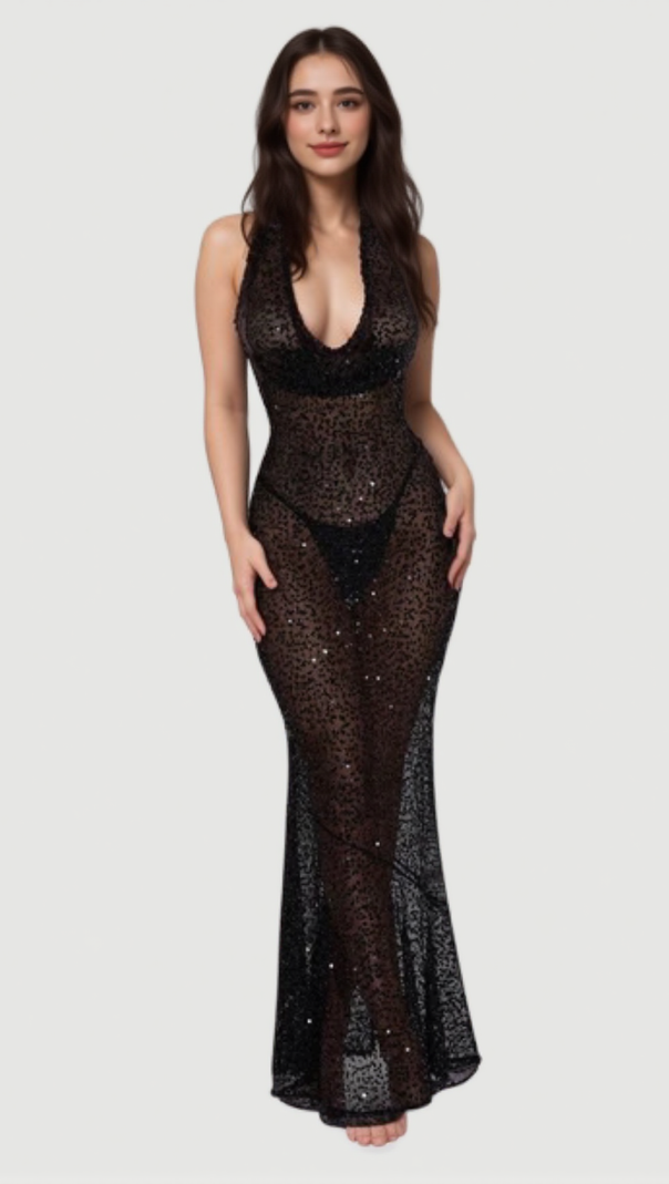 AIIZIE BARBARA HALTER SEQUIN MAXI DRESS IN BLACK - product image