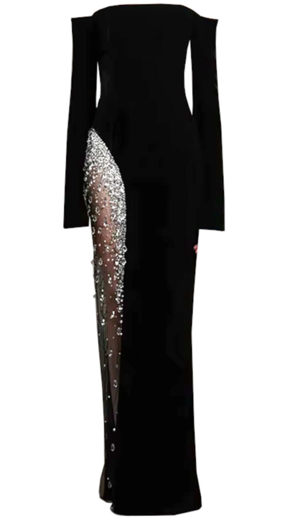 AIIZIE LONG SLEEVE BARDOT CRYSTAL MESH MAXI DRESS BLACK - product image