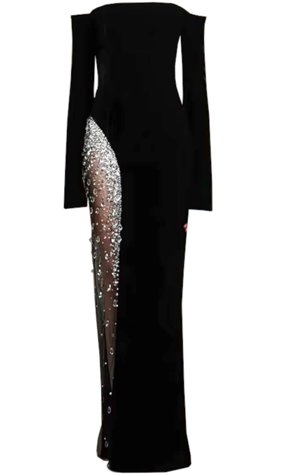Langärmliges Bardot-Maxikleid mit Kristallnetzmuster in Schwarz
