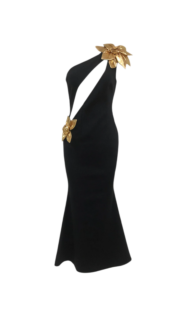 AIIZIE EUNICE GOLD 3D FLOWER CUT OUT BLACK MAXI DRESS - product image