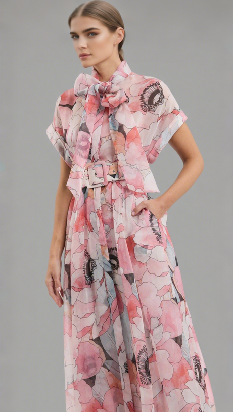 FLORAL PRINT SILK ORGANZA MAXI DRESS IN PINK-MULTI