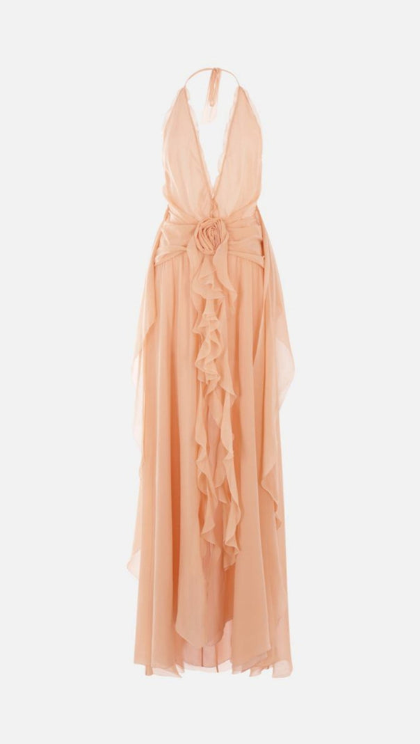 AIIZIE AONAVER FLORAL RUFFLE HALTER MAXI DRESS IN PINK - product image