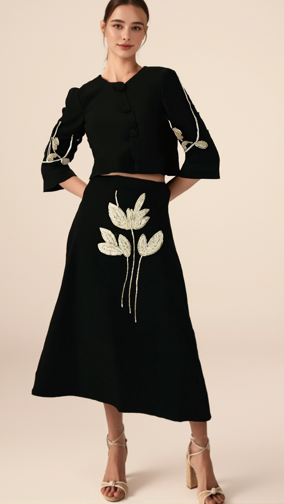 PAULINE BLACK FLORAL-APPLIQUÉ JACKET & SKIRT MATCHING SET
