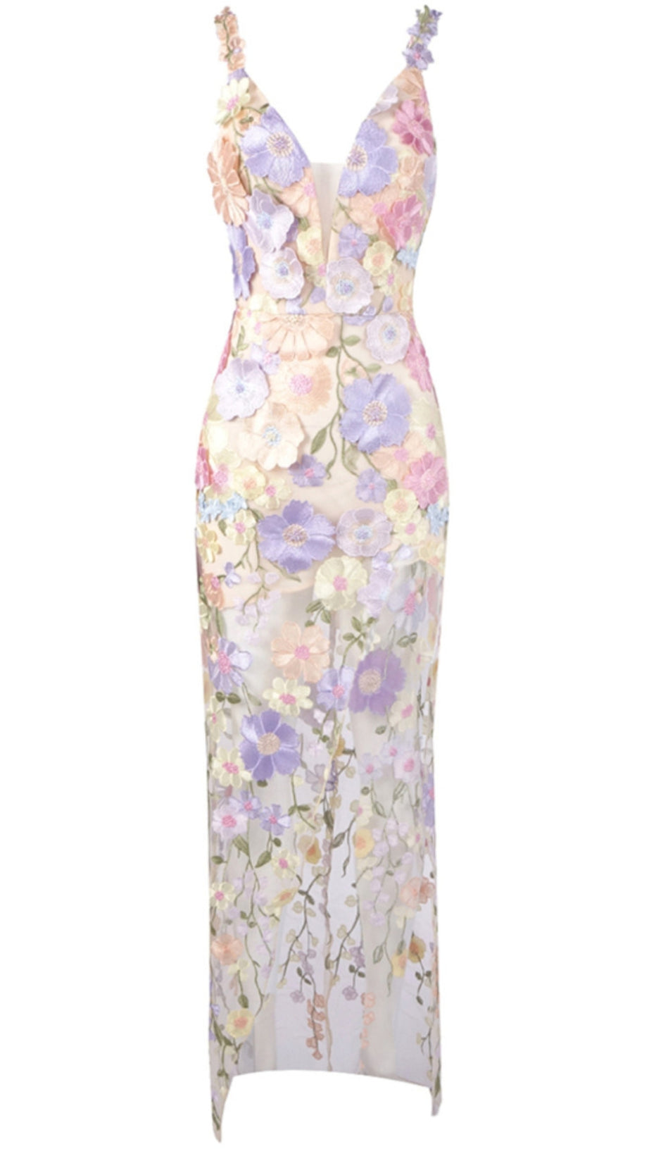 Maxikleid mit Blumenstickerei Lavendel