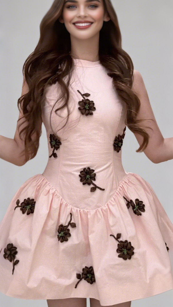 AIIZIE VIVIEN FLOWER EMBELLISHED PUFFY MINI DRESS IN PINK - product image
