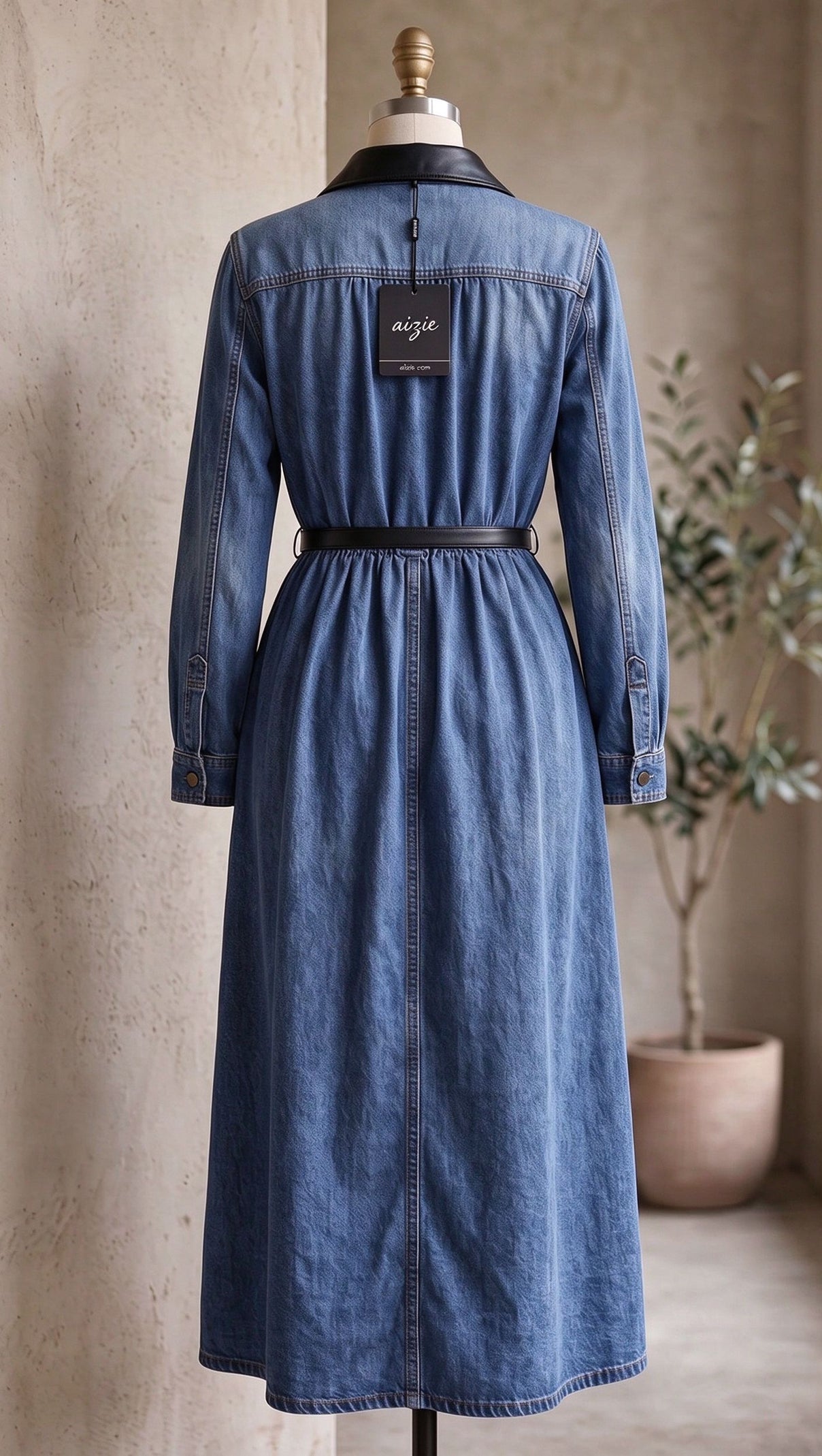 Medium Blue Denim A-Line Shirt Dress with Contrast Collar