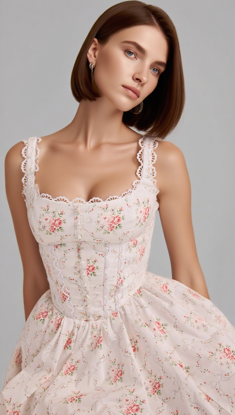 ROSE PRINT STRETCH COTTON LACE STRAP MINI DRESS