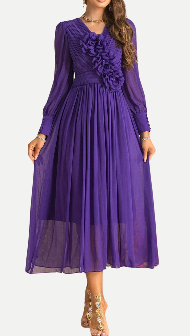 AIIZIE THREE-DIMENSIONAL FLOWER V-NECK PURPLE CHIFFON MAXI DRESS - product image