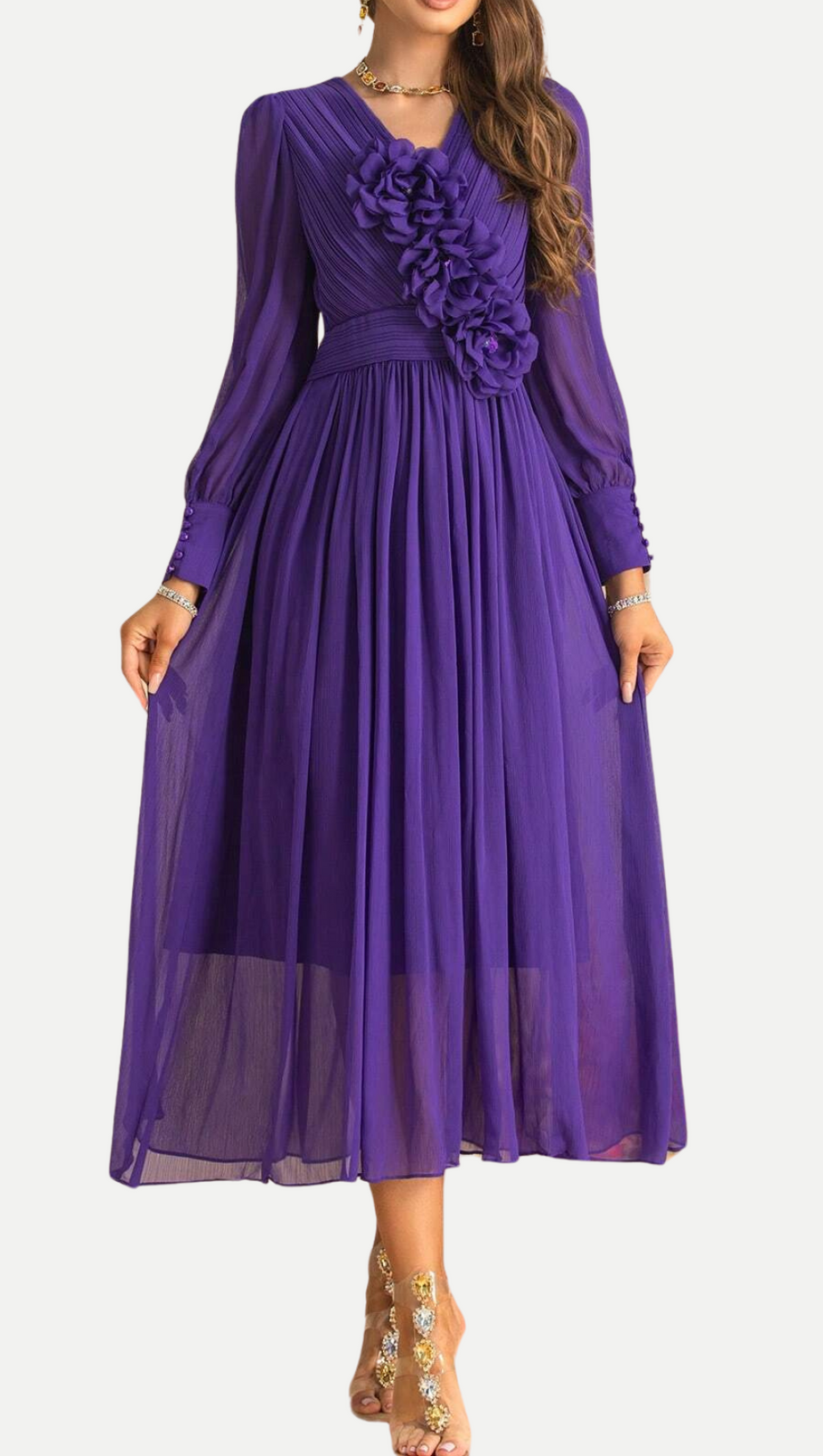 THREE-DIMENSIONAL FLOWER V-NECK PURPLE CHIFFON MAXI DRESS
