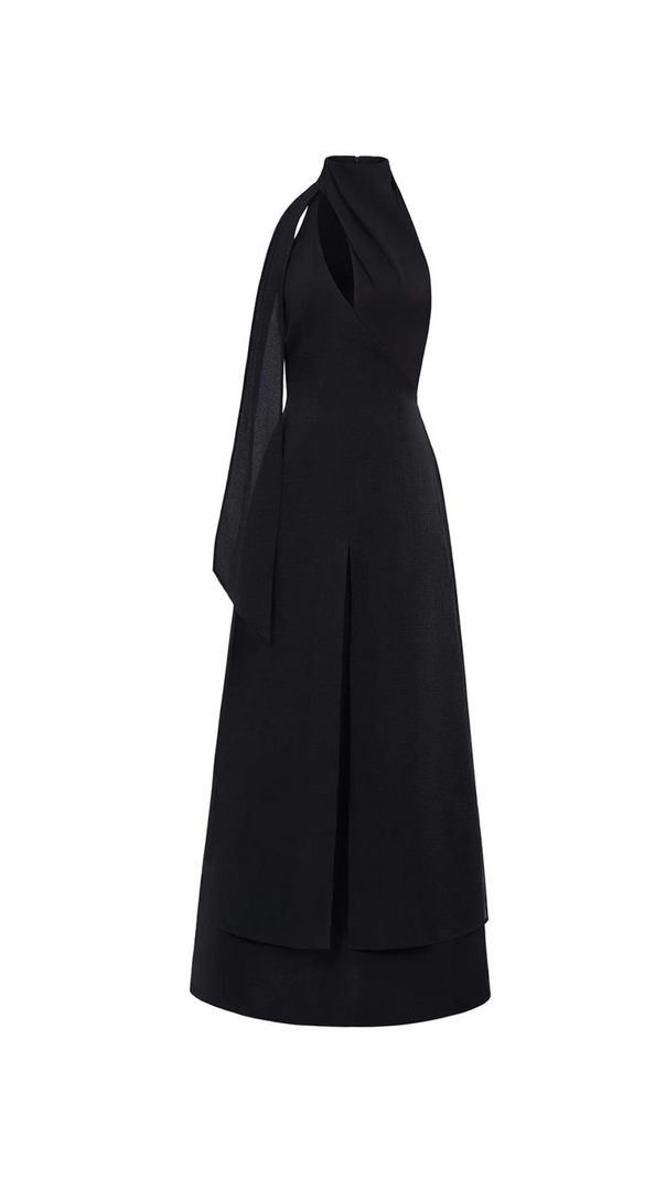 AIIZIE YEN LAYERED HIGH NECK FLOSS SILK MAXI DRESS IN BLACK - product image