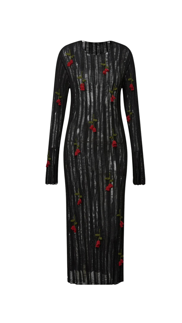 AIIZIE HILARIA ROSE HANDCRAFTED KNIT MIDI DRESS IN BLACK - product image