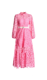 TARA PINK LACE EMBROIDERED LONG SLEEVE MIDI DRESS