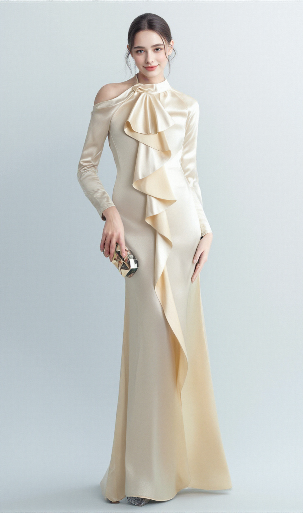 RAE CHAMPAGNE ONE-SHOULDER RUFFLE EMBELLISHED MAXI DRESS