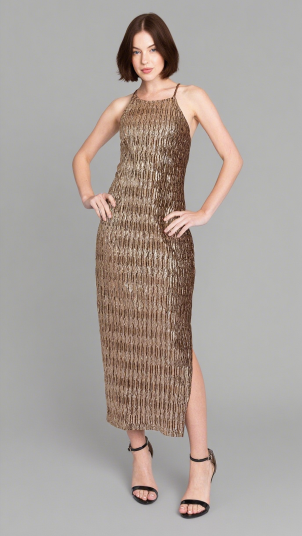 AIIZIE GOLD CRISS CROSS BACK MIDI DRESS - product image