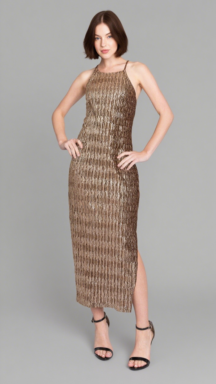 GOLD CRISS CROSS BACK MIDI DRESS