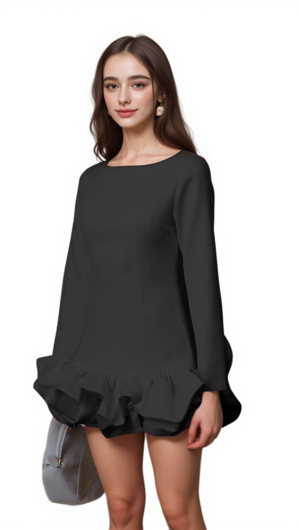 AIIZIE ELODIE BUBBLE-SKIRT MINI DRESS IN BLACK - product image