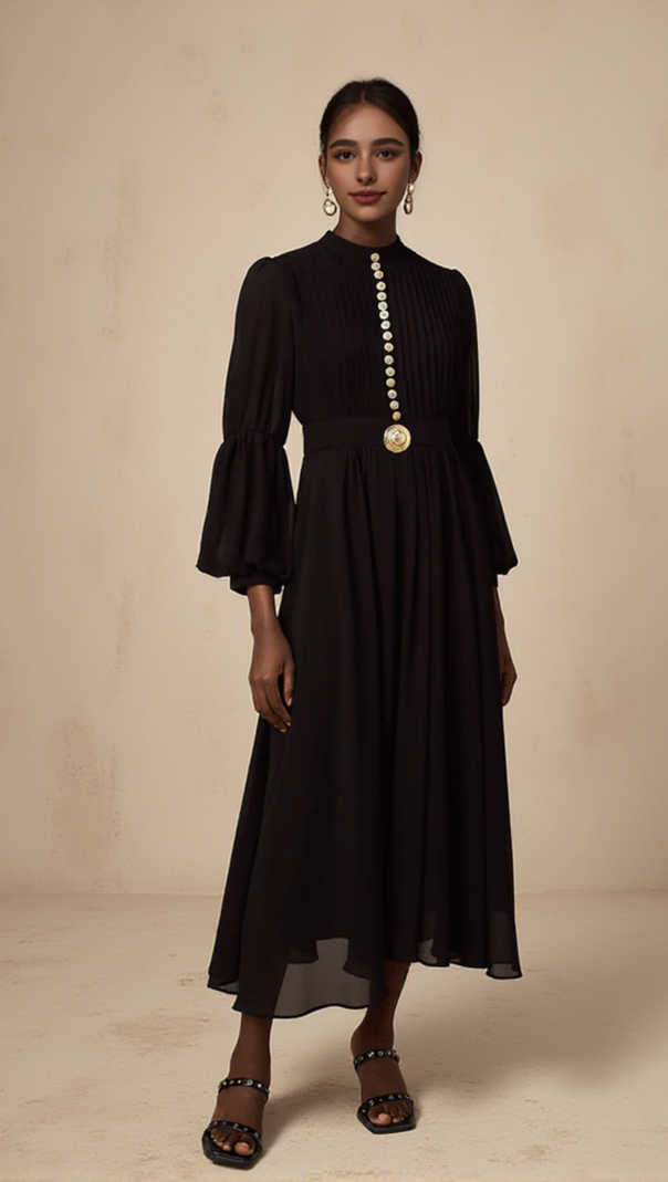AIIZIE LANTERN SLEEVE SILK MIDI DRESS IN BLACK - product image