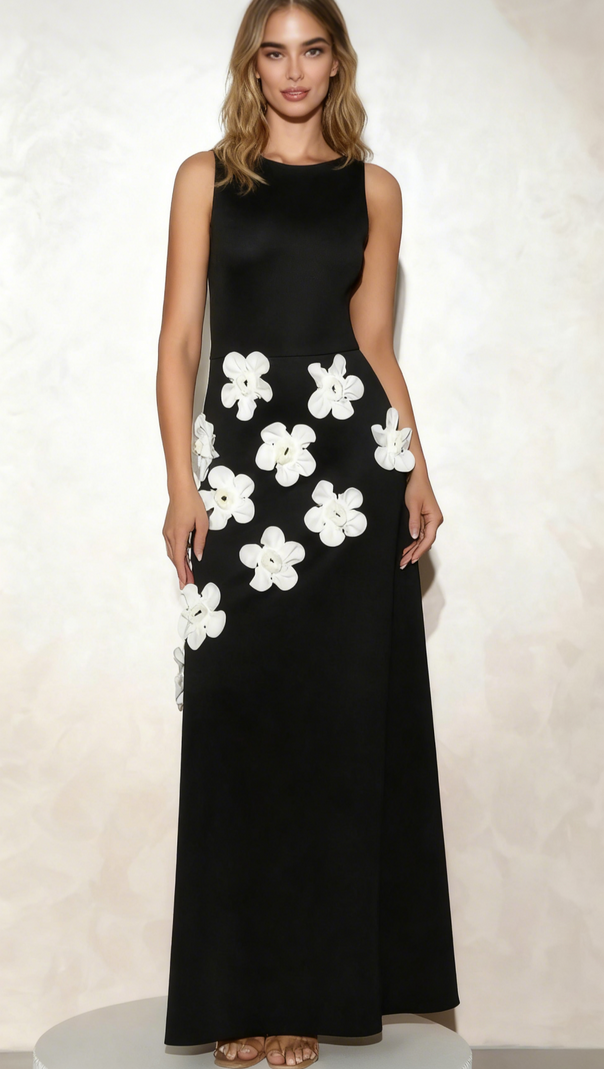 AIIZIE MARCIA 3D FLOWER A-LINE MAXI DRESS IN BLACK - product image