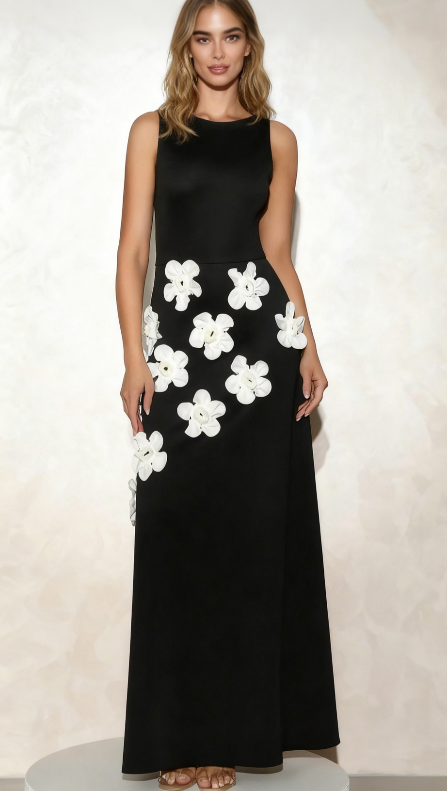 MARCIA 3D FLOWER A-LINE MAXI DRESS IN BLACK