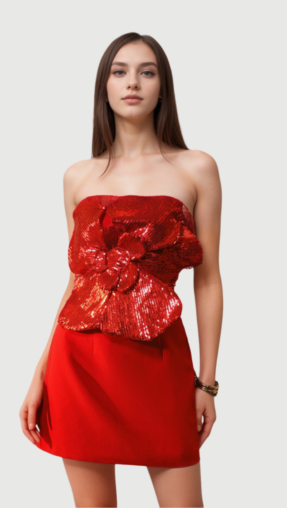 AALIYAH MANIK FLOWER SEQUIN MINI DRESS IN RED