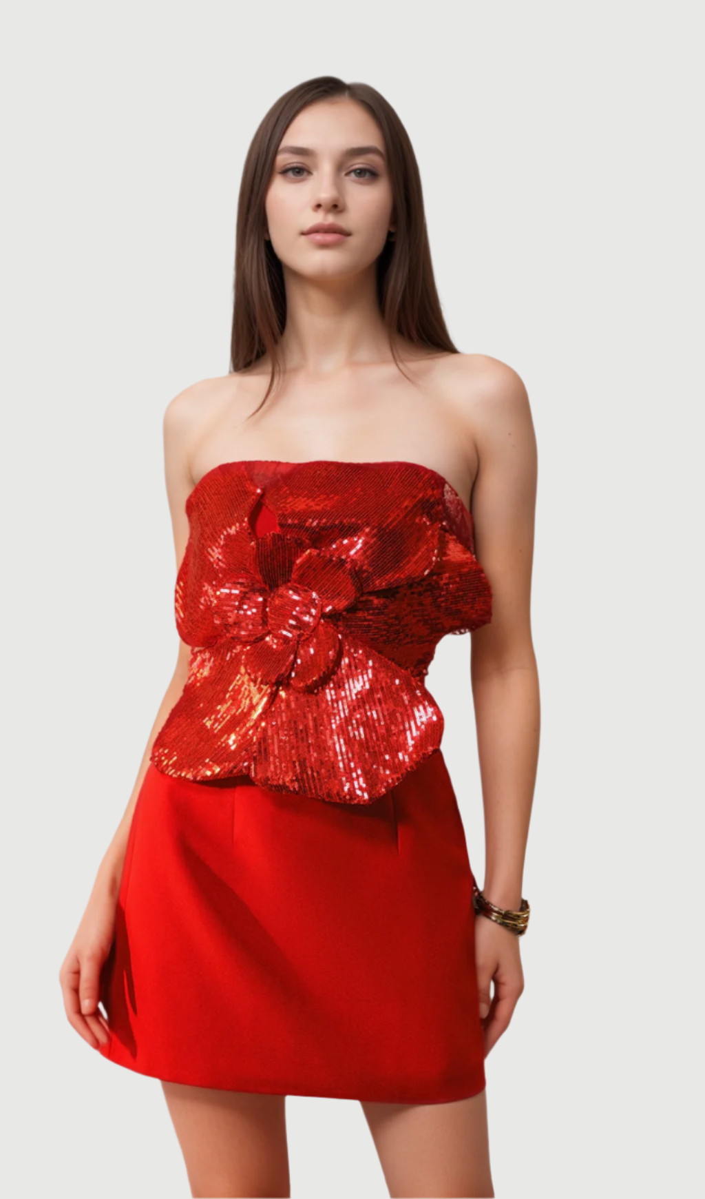 AALIYAH MANIK FLOWER SEQUIN MINI DRESS IN RED
