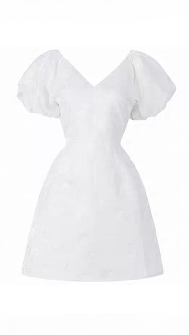 AIIZIE JACQUARD EMBOSSED V-NECK PUFF SLEEVES MINI DRESS - product image