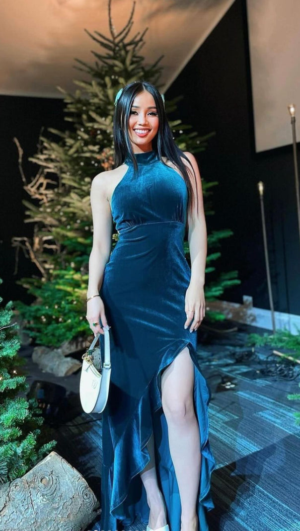 AIIZIE DEEP TEAL HALTER VELVET RUFFLE TRIM MAXI DRESS - product image