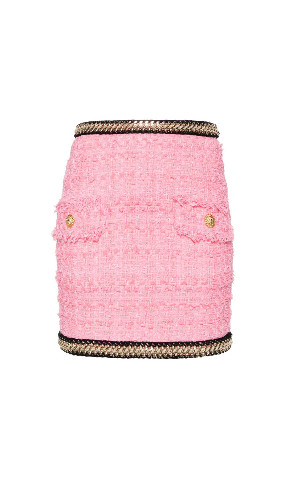 MINIGONNA IN TWEED ROSA CON DECORAZIONI A CATENA