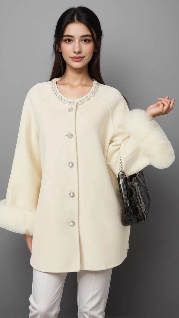 AIIZIE FRÉDÉRIQUE WHITE WOOL FUR EMBELLISHED COAT - product image