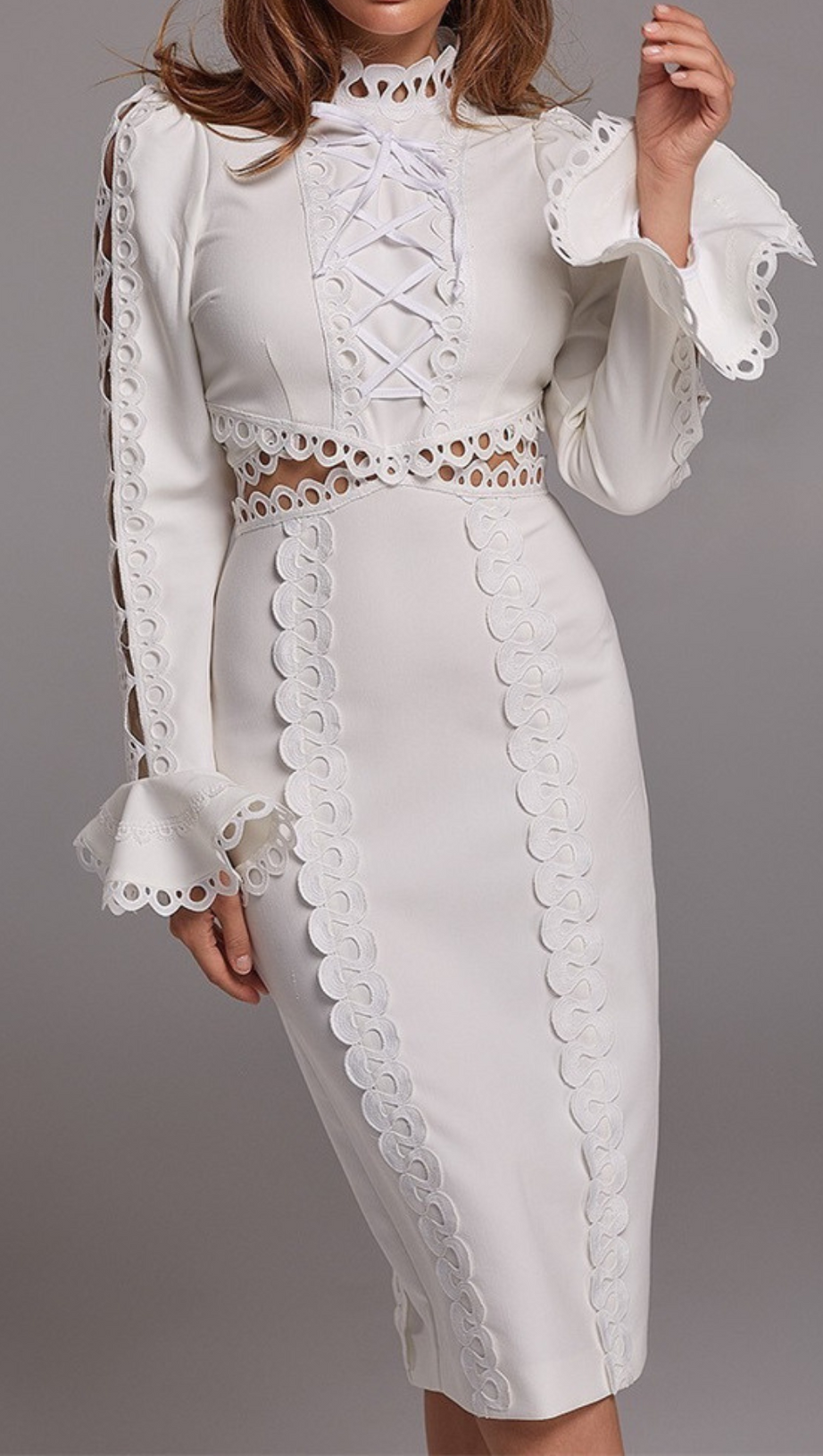 HOLLOW LACE MIDI DRESS IN WHITE