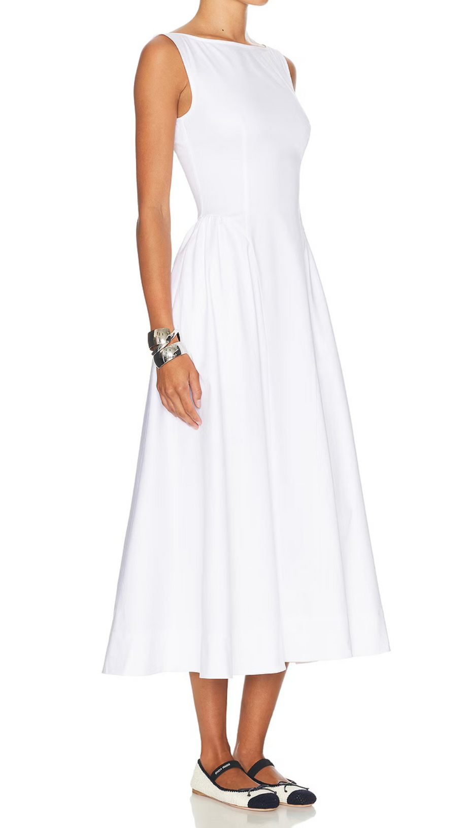 STRETCH COTTON SATEEN MIDI DRESS IN WHITE
