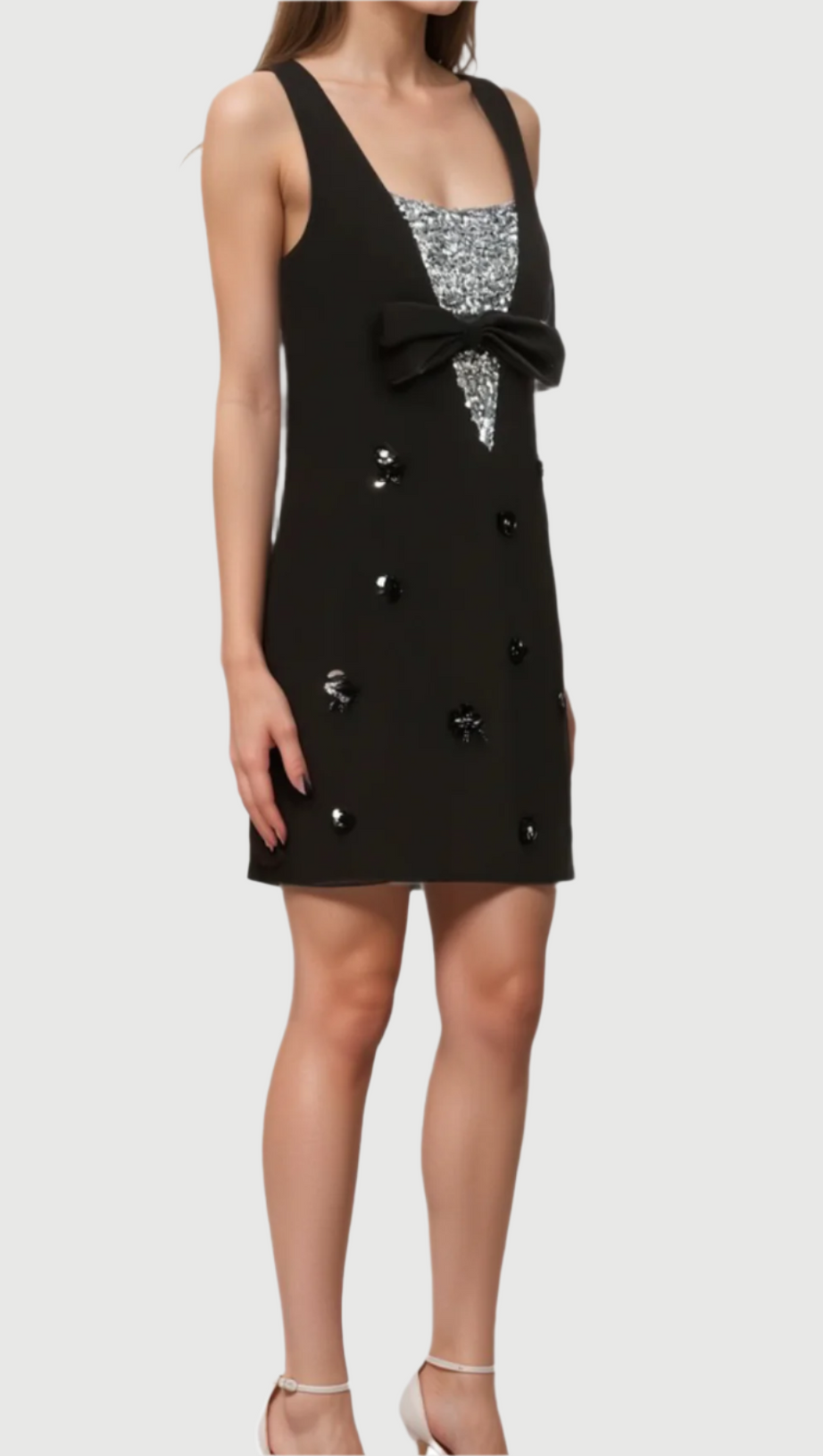 AVIVA BLACK 3D-PETAL SEQUINED MINI DRESS