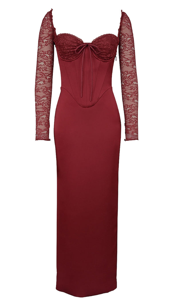 AIIZIE BURGUNDY SATIN MAXI DRESS WITH CORSET - product image
