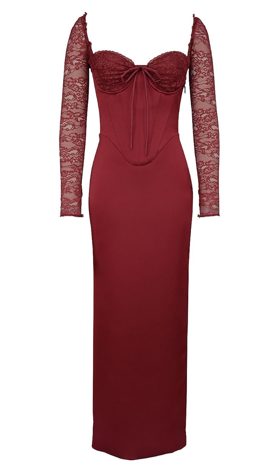 abito lungo in raso bordeaux con corsetto