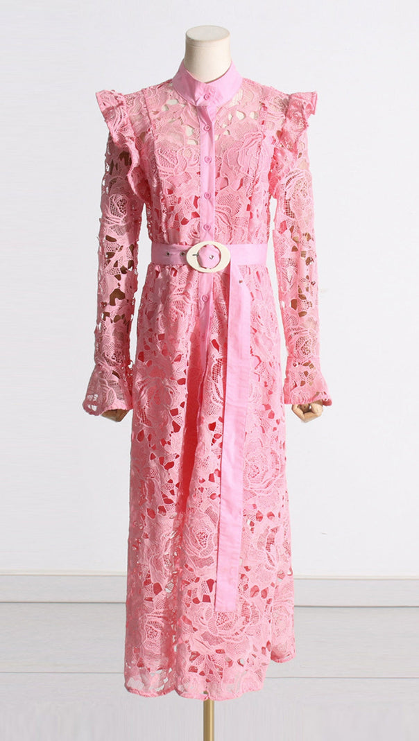 AIIZIE LACE BUTTERFLY SLEEVE MIDI DRESS IN PINK - product image